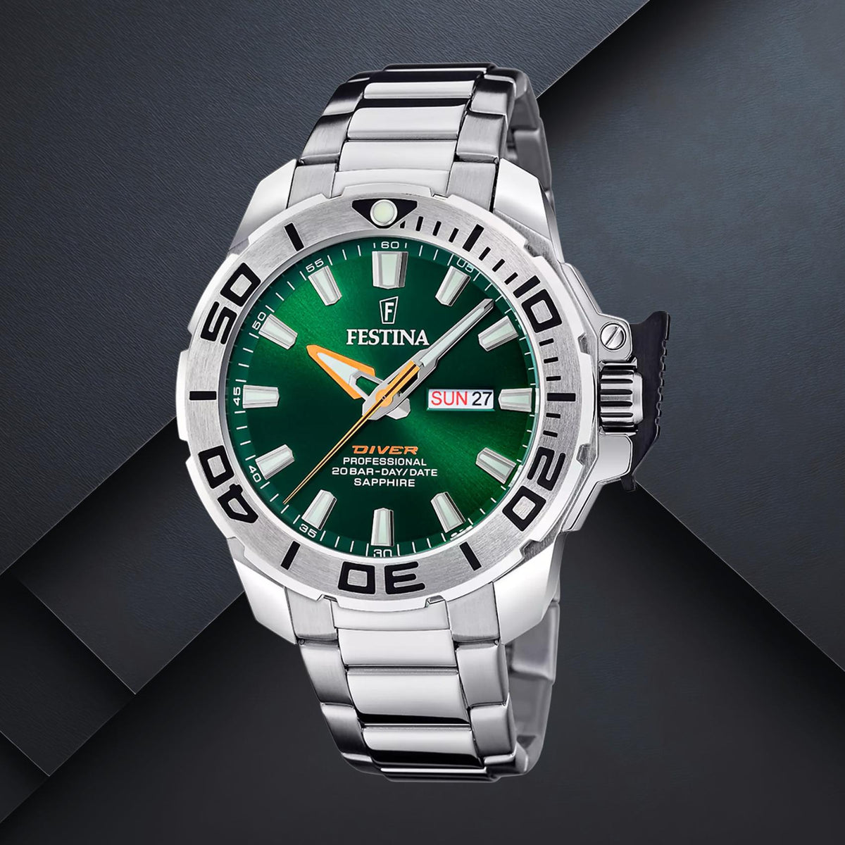 Καταδυτικό ανδρικό ρολόι Festina The Originals F20665/2 με ασημί μπρασελέ, πράσινο καντράν 46.3mm, ένδειξη ημερομηνίας