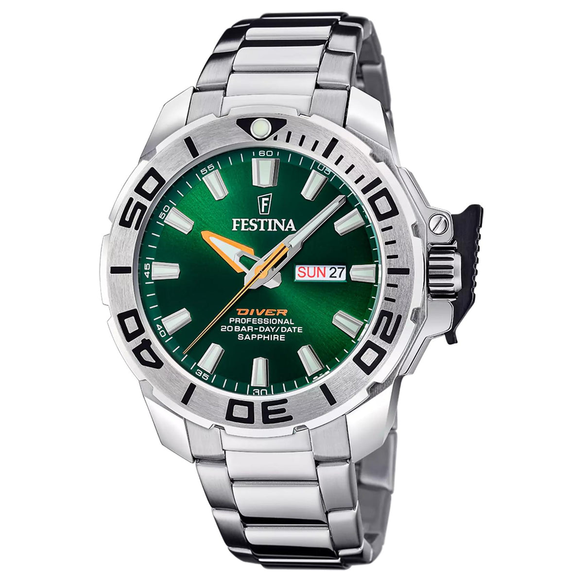 Καταδυτικό ανδρικό ρολόι Festina The Originals F20665/2 με ασημί μπρασελέ και πράσινο καντράν