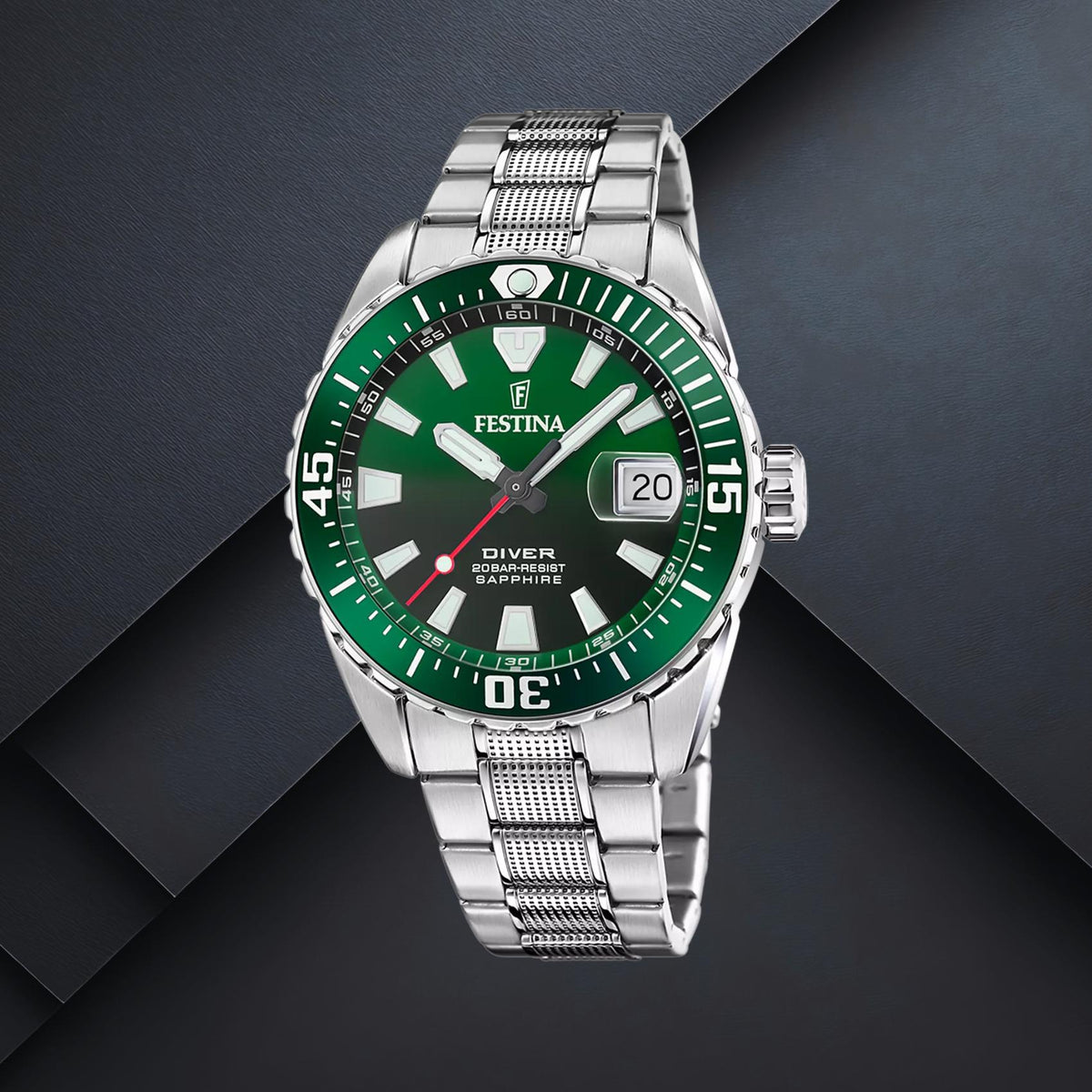 Καταδυτικό ανδρικό ρολόι Festina The Originals F20669/2 με ασημί μπρασελέ, πράσινο καντράν 41mm, ένδειξη ημερομηνίας