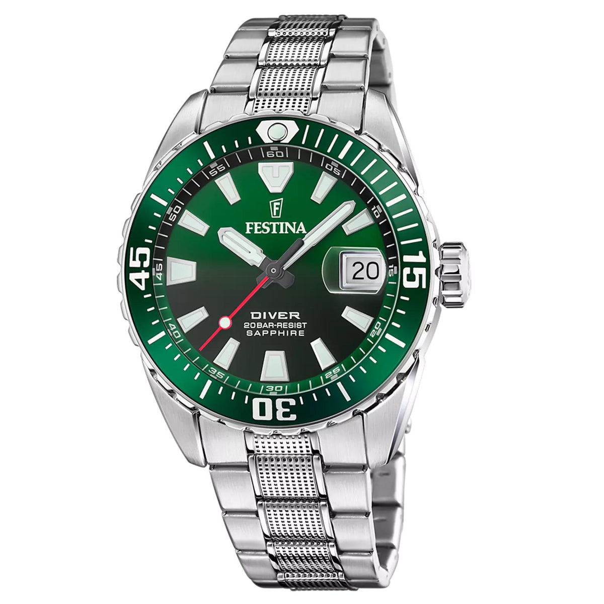 Καταδυτικό ανδρικό ρολόι Festina The Originals F20669/2 με ασημί μπρασελέ και πράσινο καντράν