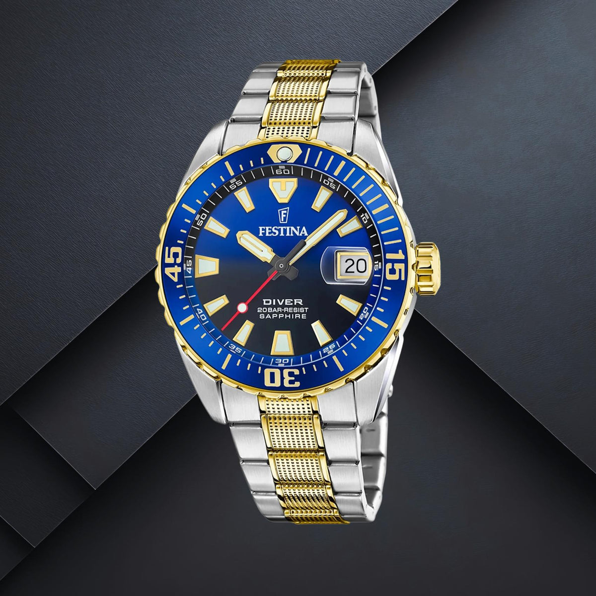Καταδυτικό ανδρικό ρολόι Festina The Originals F20706/1 με ασημί-χρυσό μπρασελέ, μπλε καντράν 41mm, ένδειξη ημερομηνίας