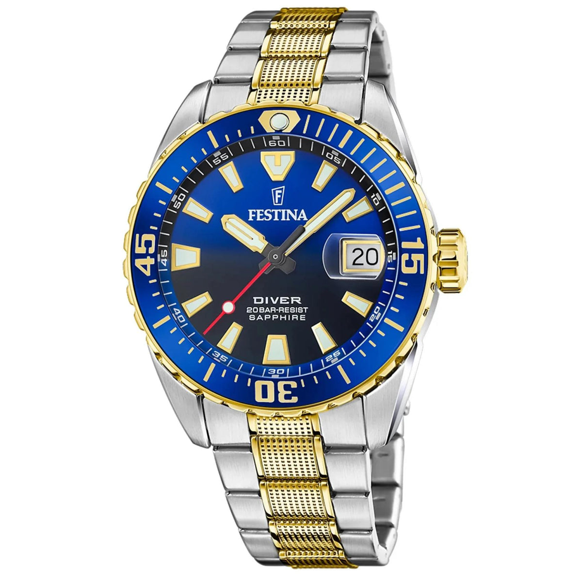 Καταδυτικό ανδρικό ρολόι Festina The Originals F20706/1 με ασημί-χρυσό μπρασελέ και μπλε καντράν