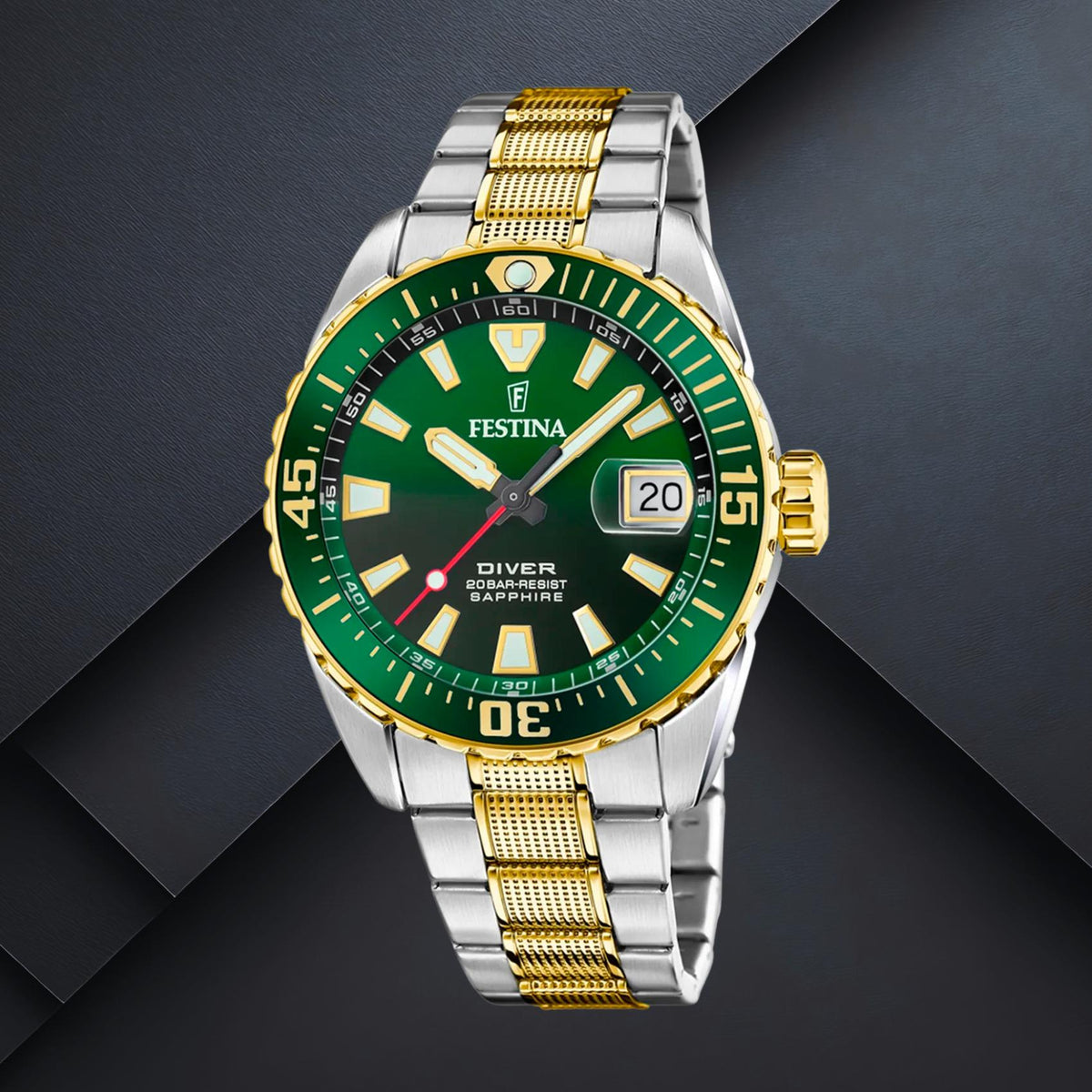 Καταδυτικό ανδρικό ρολόι Festina The Originals F20706/2 με ασημί-χρυσό μπρασελέ, πράσινο καντράν 41mm, ένδειξη ημερομηνίας