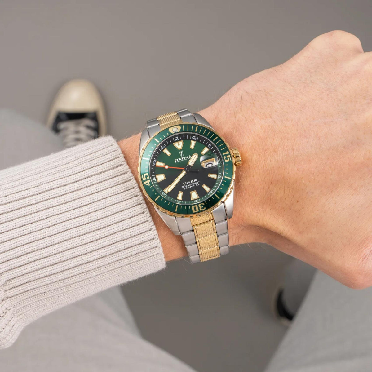 Καταδυτικό Ρολόι The Originals Festina F20706/2 Με Ασημί-Χρυσό Μπρασελέ & Πράσινο Καντράν