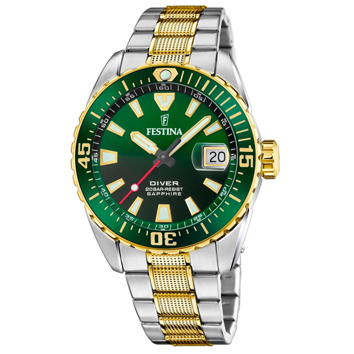 Καταδυτικό ανδρικό ρολόι Festina The Originals F20706/2 με ασημί-χρυσό μπρασελέ και πράσινο καντράν
