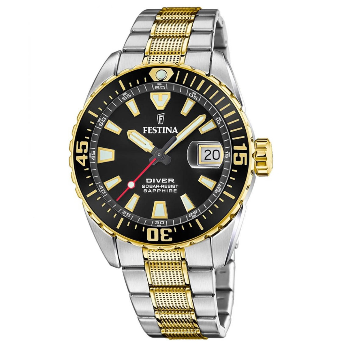 Καταδυτικό ανδρικό ρολόι Festina The Originals F20706/3 με ασημί-χρυσό μπρασελέ και μαύρο καντράν