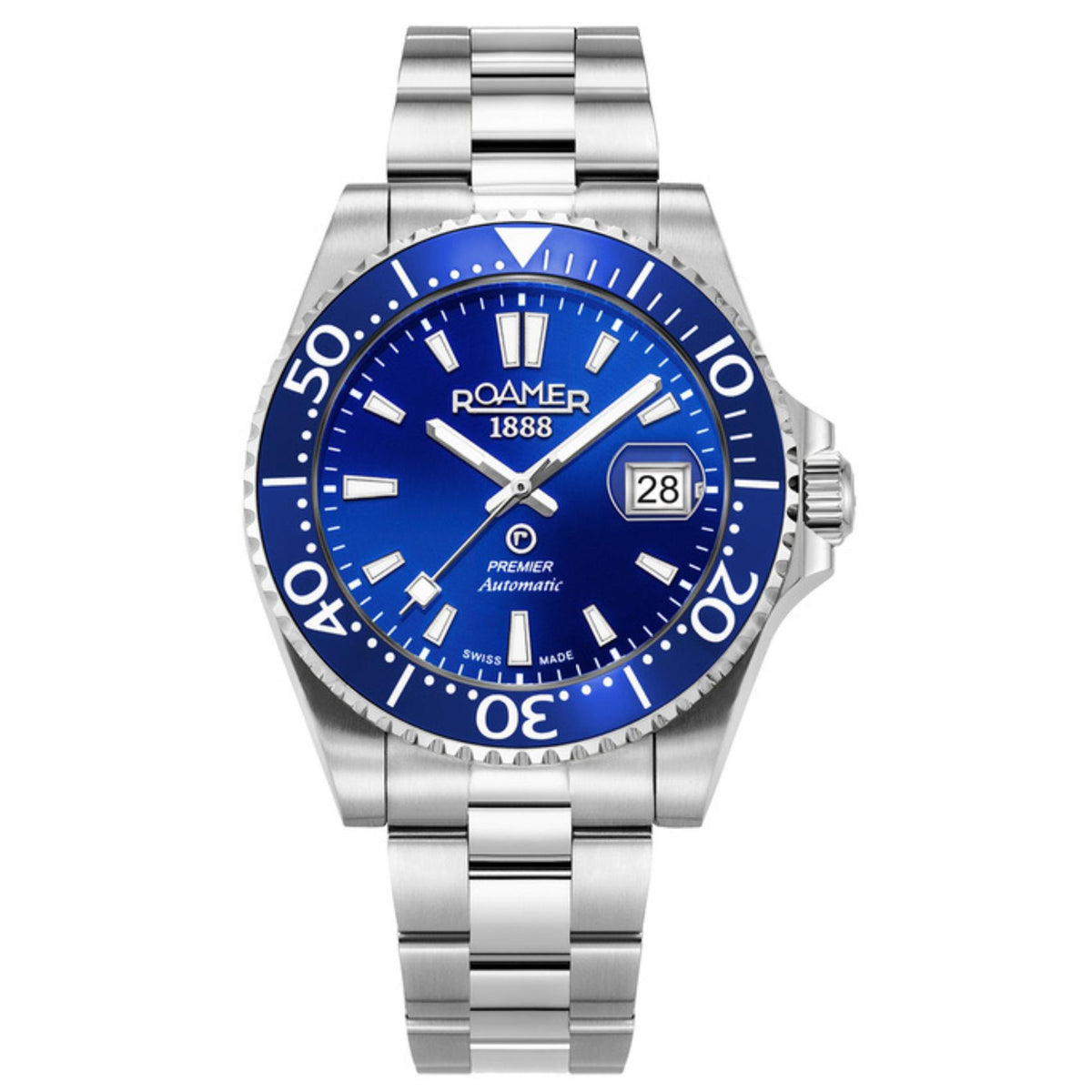 Καταδυτικό ανδρικό ρολόι Roamer Premier 986983-41-45-21 με ασημί μπρασελέ και μπλε καντράν