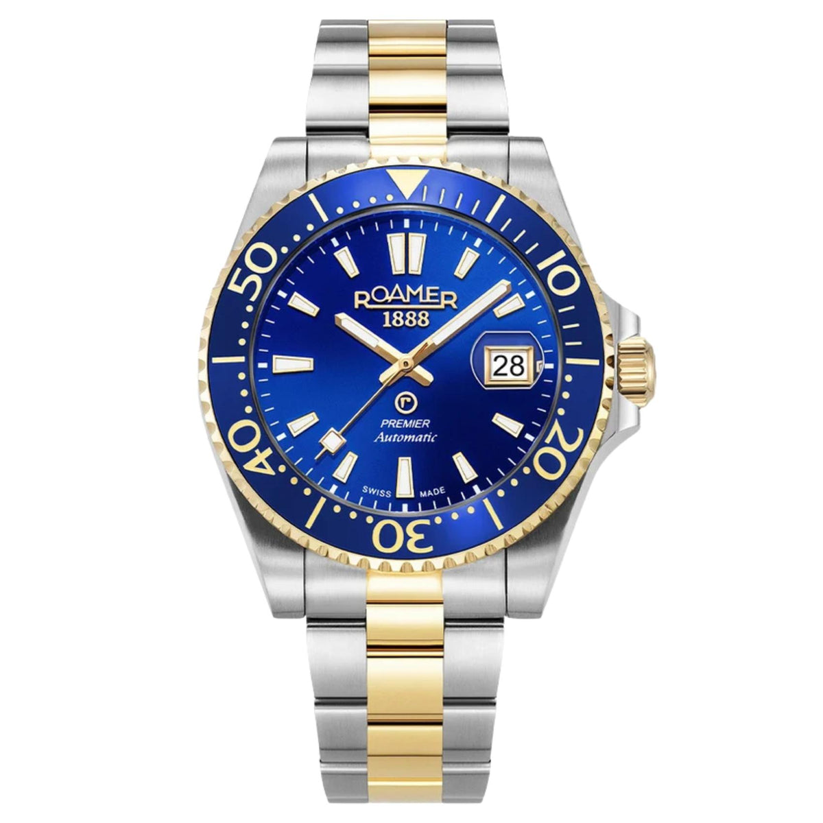 Καταδυτικό ανδρικό ρολόι Roamer Premier 986983-47-45-20 με ασημί-χρυσό μπρασελέ και μπλε καντράν