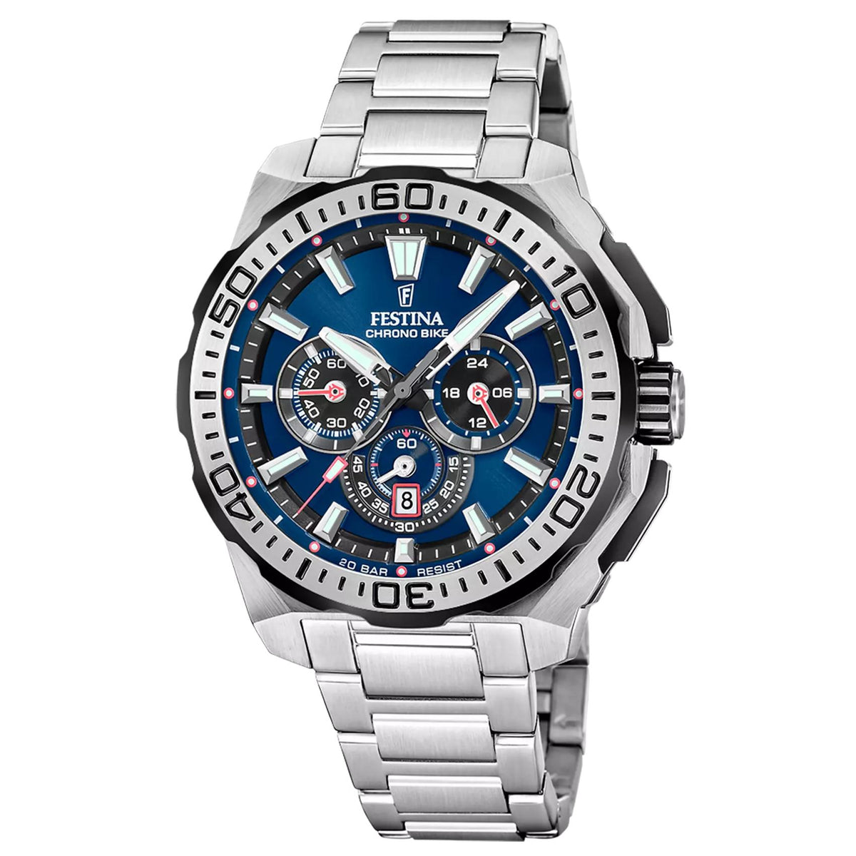 Καταδυτικό ανδρικό ρολόι Festina Chrono Bike F20724/2 με ασημί μπρασελέ και μπλε καντράν