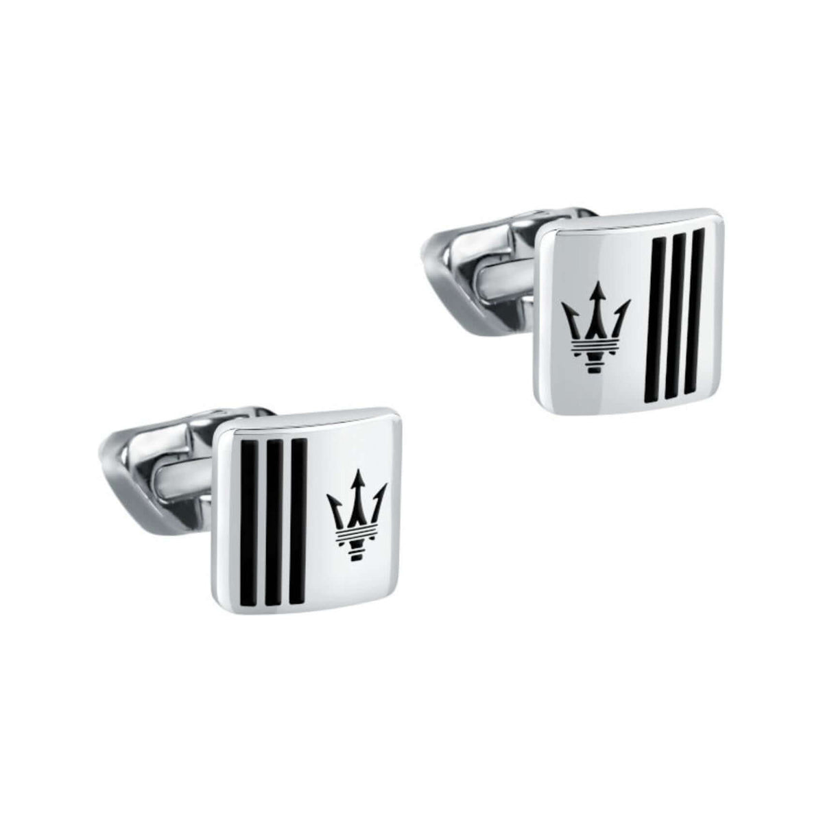 Ανδρικά τετράγωνα μανικετόκουμπα Maserati Ιconic JM422AVD10 σε ασημί-μαύρο χρώμα από ανοξείδωτο ατσάλι με μαύρη τρίαινα.