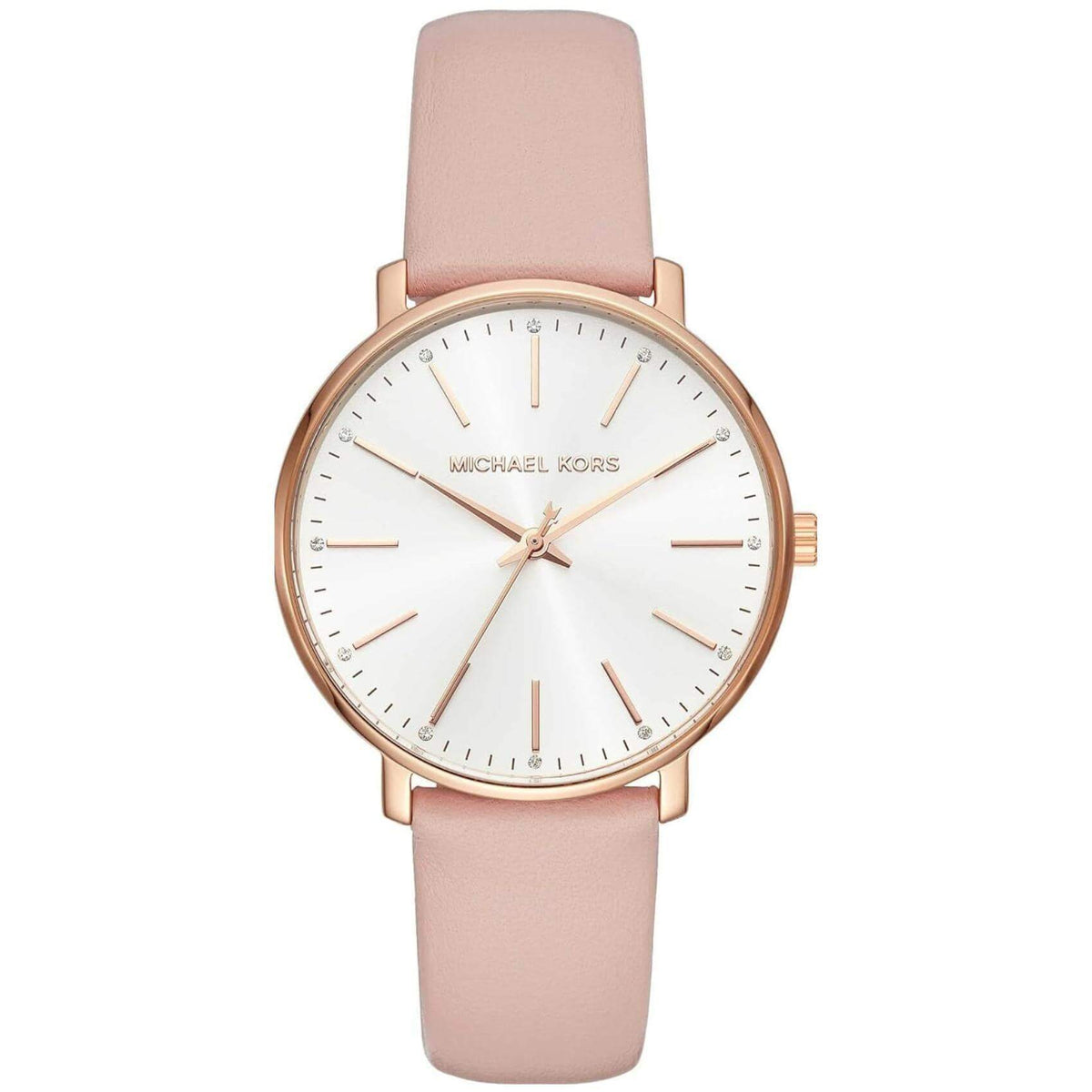 Γυναικείο ρολόι Michael Kors Pyper MK2741 με με ροζ δερμάτινο λουράκι, στρογγυλό άσπρο καντράν με ζιργκόν και στεφάνι 37mm.