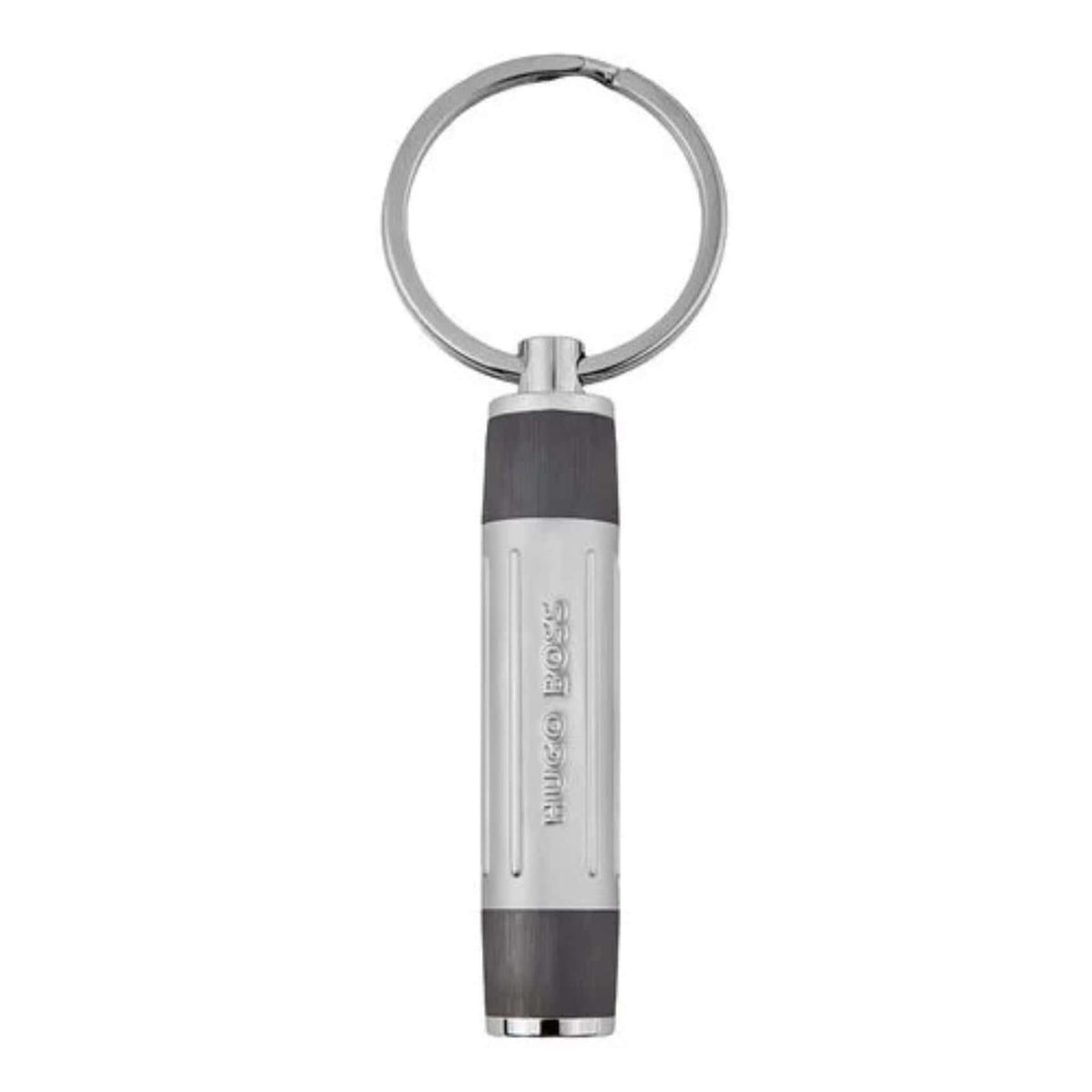 Ασημί και μαύρο μπρελόκ HUGO BOSS HAK306D από ατσάλινο υλικό με κυλινδρικό design της σειράς Gear Ribs