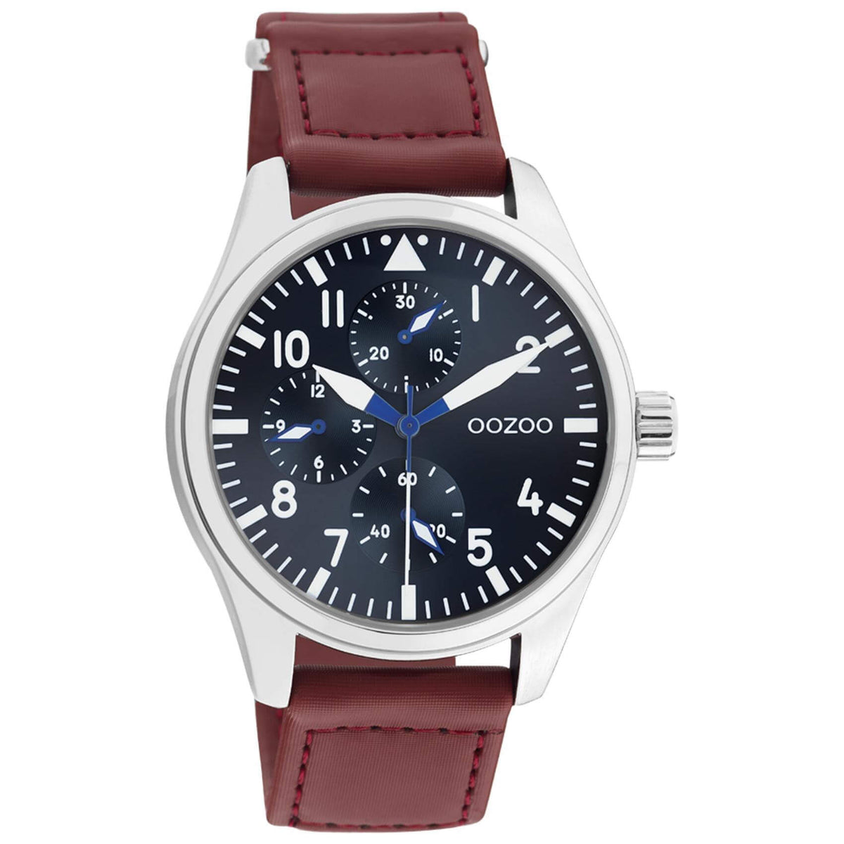 Ρολόι Oozoo C11006 με καφέ δερμάτινο λουράκι ,μπλε σκούρο καντράν διαμέτρου 42mm και μηχανισμό μπαταρίας quartz.