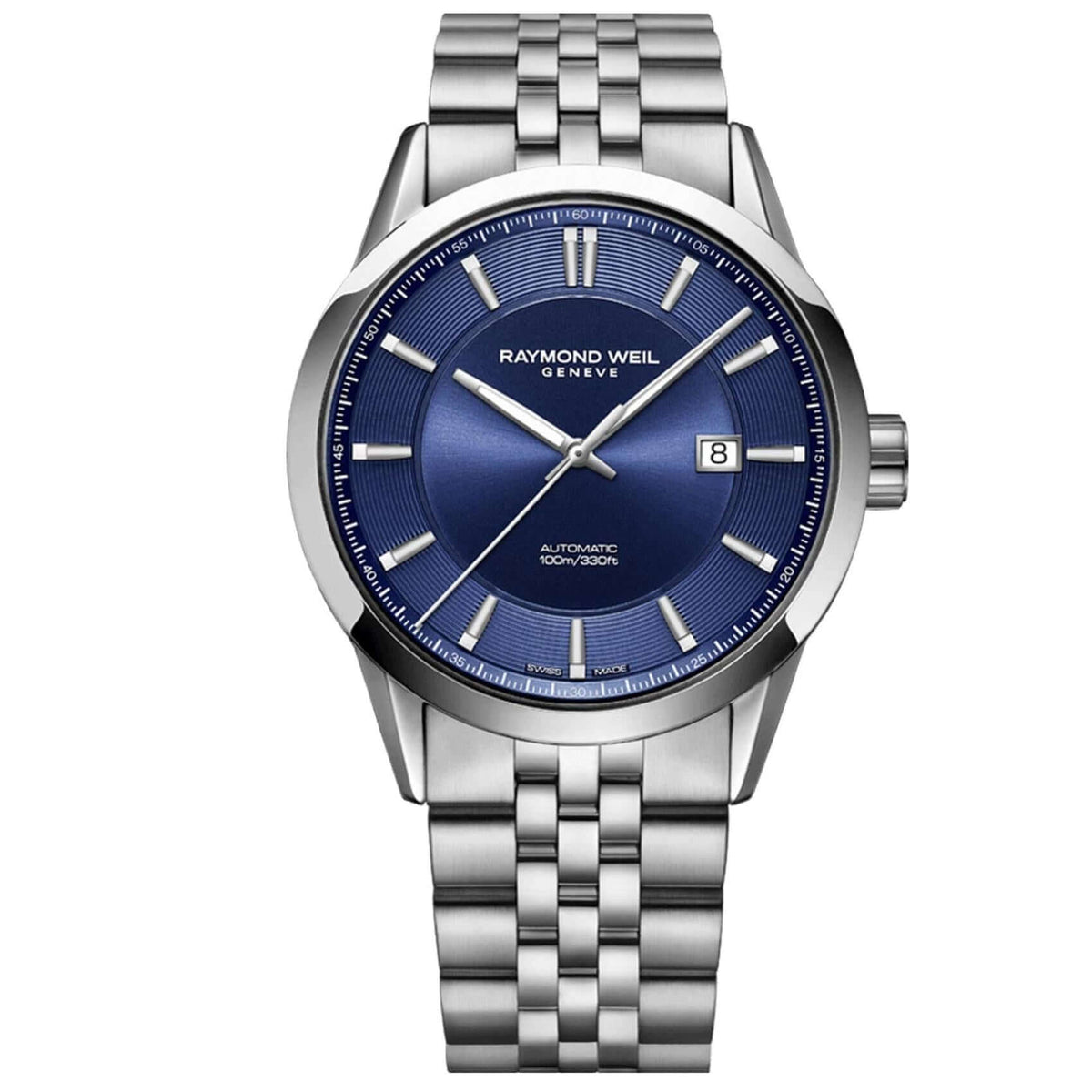 Ρολόι Raymond Weil Freelancer 2731-ST-50001 αυτόματο με ασημί ατσάλινο μπρασελέ και μπλε καντράν διαμέτρου 42mm.