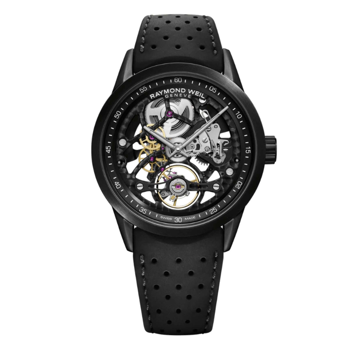 Raymond Weil Freelancer 2785-BKR-20000 Skeleton αυτόματο με μαύρο καουτσούκ λουράκι και μαύρο καντράν 42mm που φαίνεται ο μηχανισμός στο εσωτερικό του.