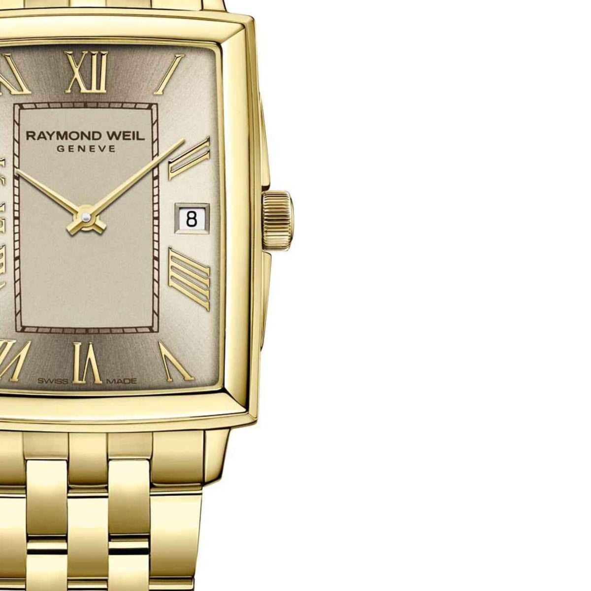 Τετράγωνο ρολόι Raymond Weil Toccata 5925-P-00100 με χρυσό μπρασελέ και χρυσό καντράν μεγέθους 22.6mm x 28.1mm.