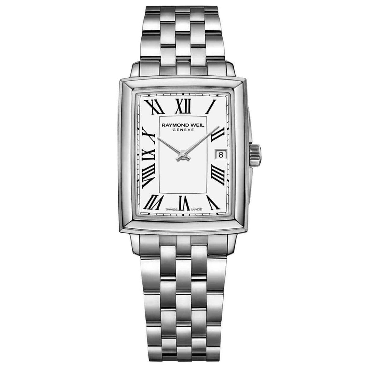 Τετράγωνο ρολόι Raymond Weil Toccata 5925-ST-00300 με ασημί μπρασελέ και άσπρο καντράν μεγέθους 22.6mm x 28.1mm.