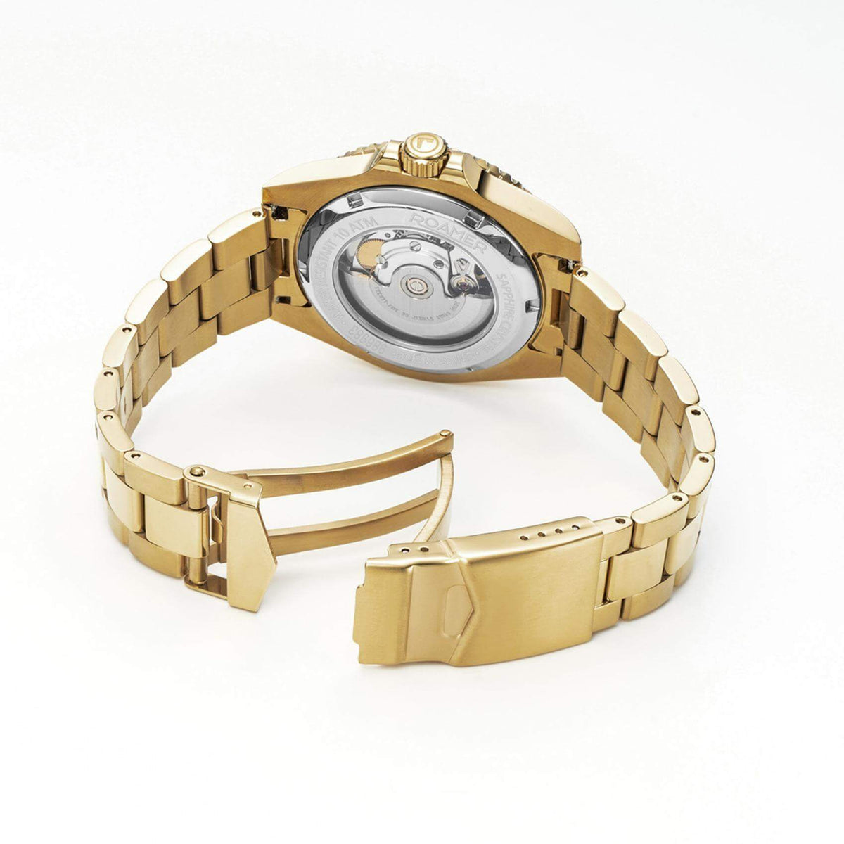 Αυτόματο ρολόι καταδυτικό Roamer Premier 986983-48-85-20 με χρυσό μπρασελέ, μαύρο καντράν με ένδειξη ημερομηνίας και κάσα διαμέτρου 42mm.
