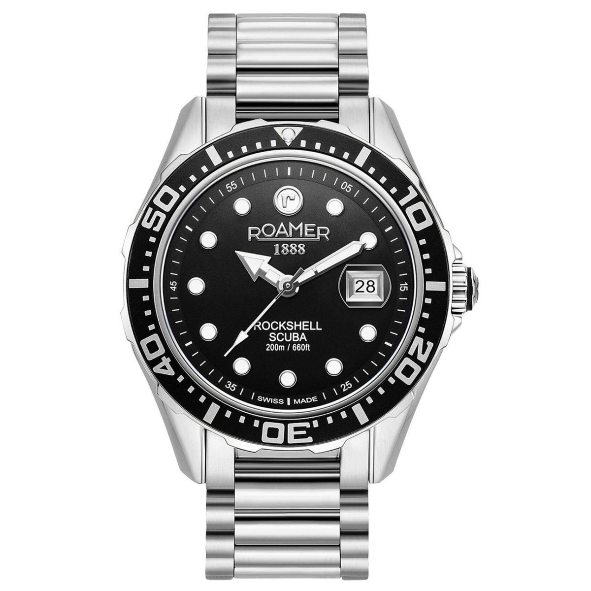 Καταδυτικό ρολόι Roamer Rockshell Mark III Scuba 220858-41-85-50 με ασημί ατσάλινο μπρασελέ μαύρο καντράν, τζαμάκι από ζαφείρι και στεφάνι διαμέτρου 44mm.