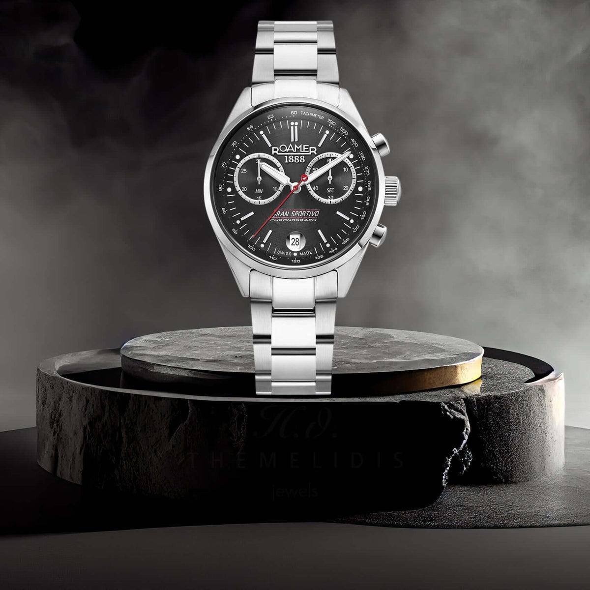 Ανδρικό ρολόι Roamer Sportivo Box Set 978818-41-85-20 χρονογράφος με ασημί ατσάλινο μπρασελέ και μαύρο καντράν 41mm.