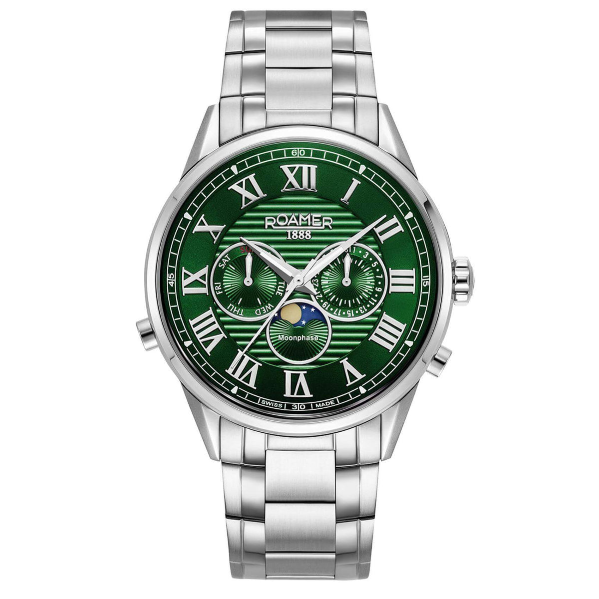 Ρολόι Roamer Superior Moonphase II 513821-41-75-50 με ασημί ατσάλινο μπρασελέ, πράσινο καντράν με φάση σελήνης, μηχανισμό μπαταρίας quartz, τζαμάκι από ζαφείρι και στεφάνι διαμέτρου 43mm.