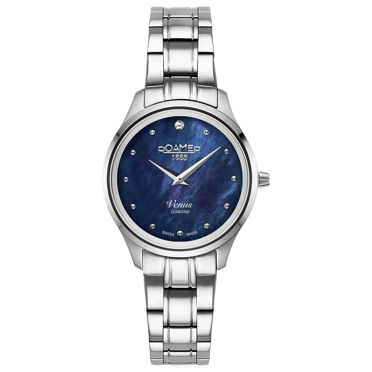 Ρολόι Roamer Venus Diamonds 601857-41-49-20 με ασημί ατσάλινο μπρασελέ, μπλε φίλντισι καντράν με διαμάντια, μηχανισμό μπαταρίας quartz, τζαμάκι από ζαφείρι και στεφάνι διαμέτρου 30mm.