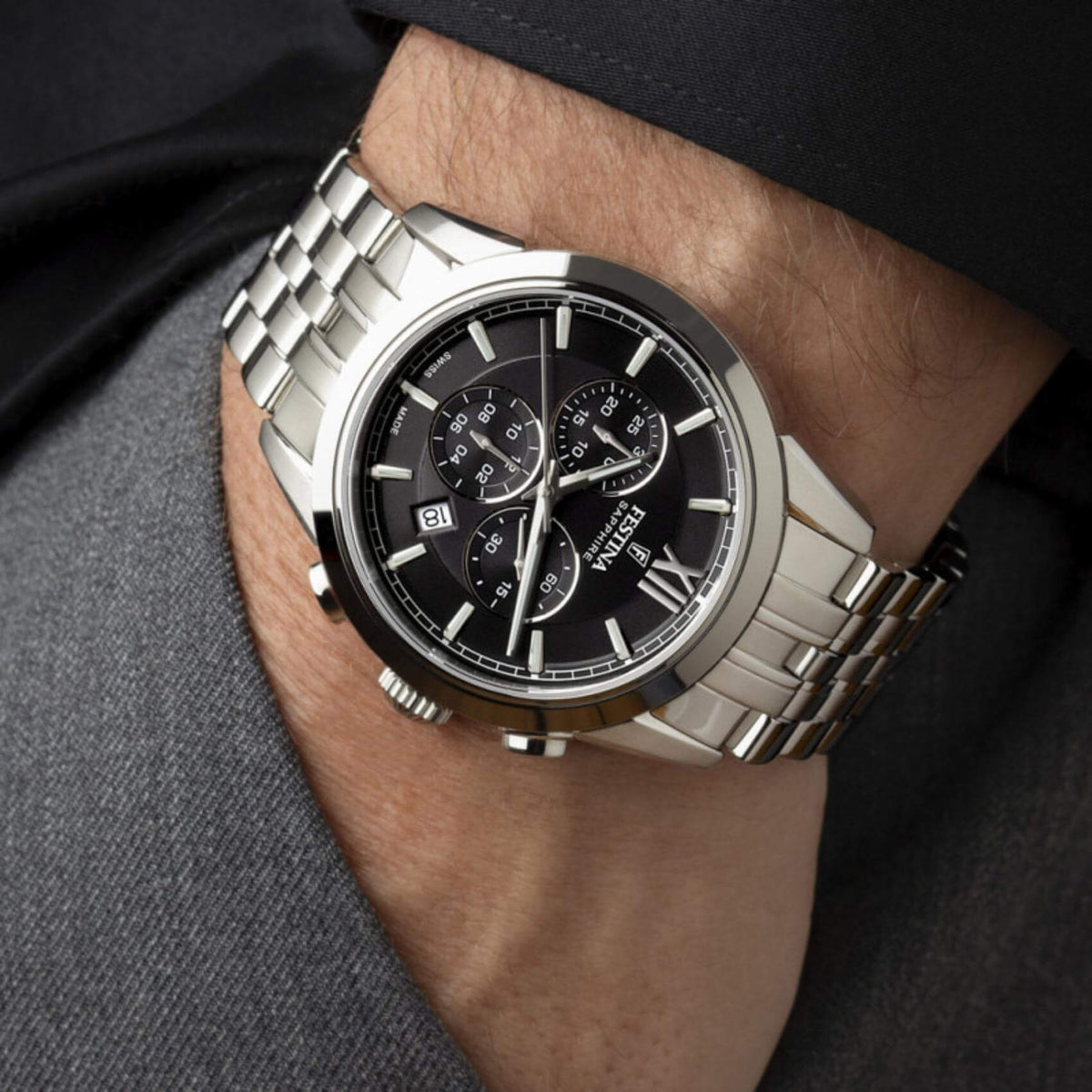 Ρολόι Festina F20040/4 Swiss Made Με Ασημί Μπρασελέ & Μαυρο Καντράν