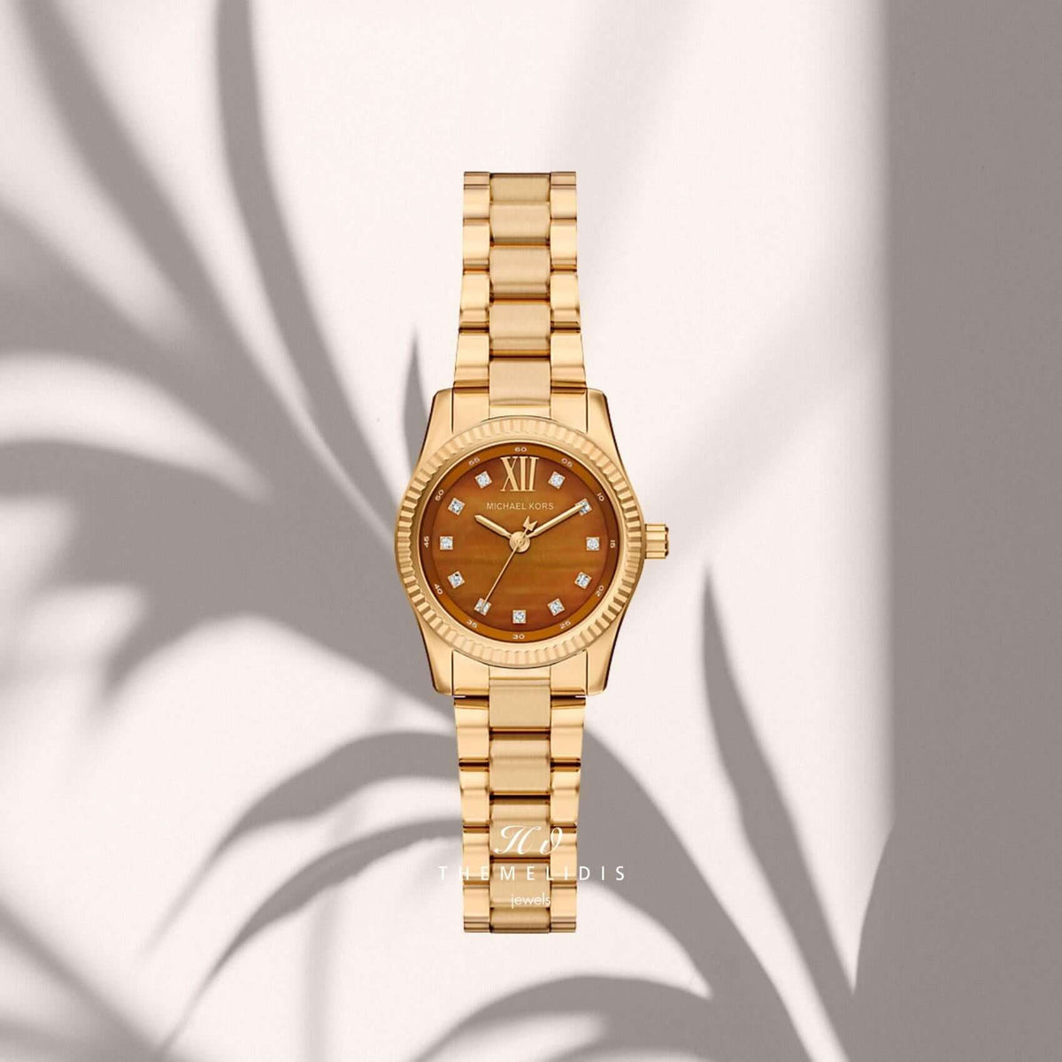 Michael Kors Petite Lexington Pavé MK7578 με χρυσό ατσάλινο μπρασελέ και καφέ καντράν.