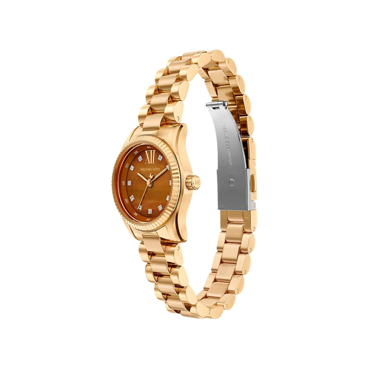 Κοντινό στο καντράν του Michael Kors Petite Lexington Pavé MK7578 με καφέ dial και λαμπερά zircon.