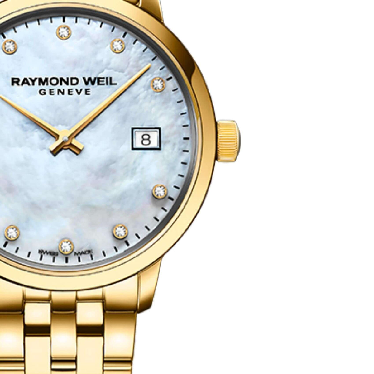 Γυναικείο ρολόι Raymond Weil Toccata Diamonds 5985-P-97081 με χρυσό μπρασελέ και άσπρο φίλντισι καντράν 29mm με διαμάντια.