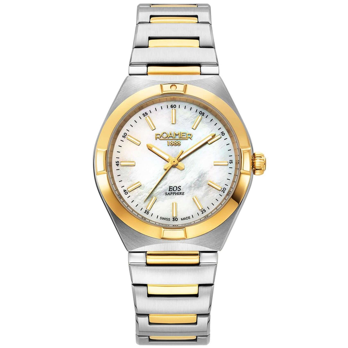 Γυναικείο ρολόι Roamer Eos Ladies 982847-47-20-20 με δίχρωμο ασημί-χρυσό ατσάλινο μπρασελέ και άσπρο καντράν διαμέτρου 34mm.
