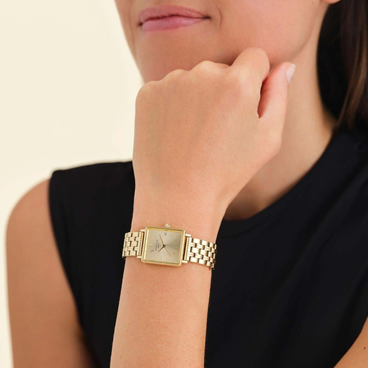 Τετράγωνο Ρολόι Rosefield Boxy XS Champagne QCGSG-Q048 Με Χρυσό Μπρασελέ