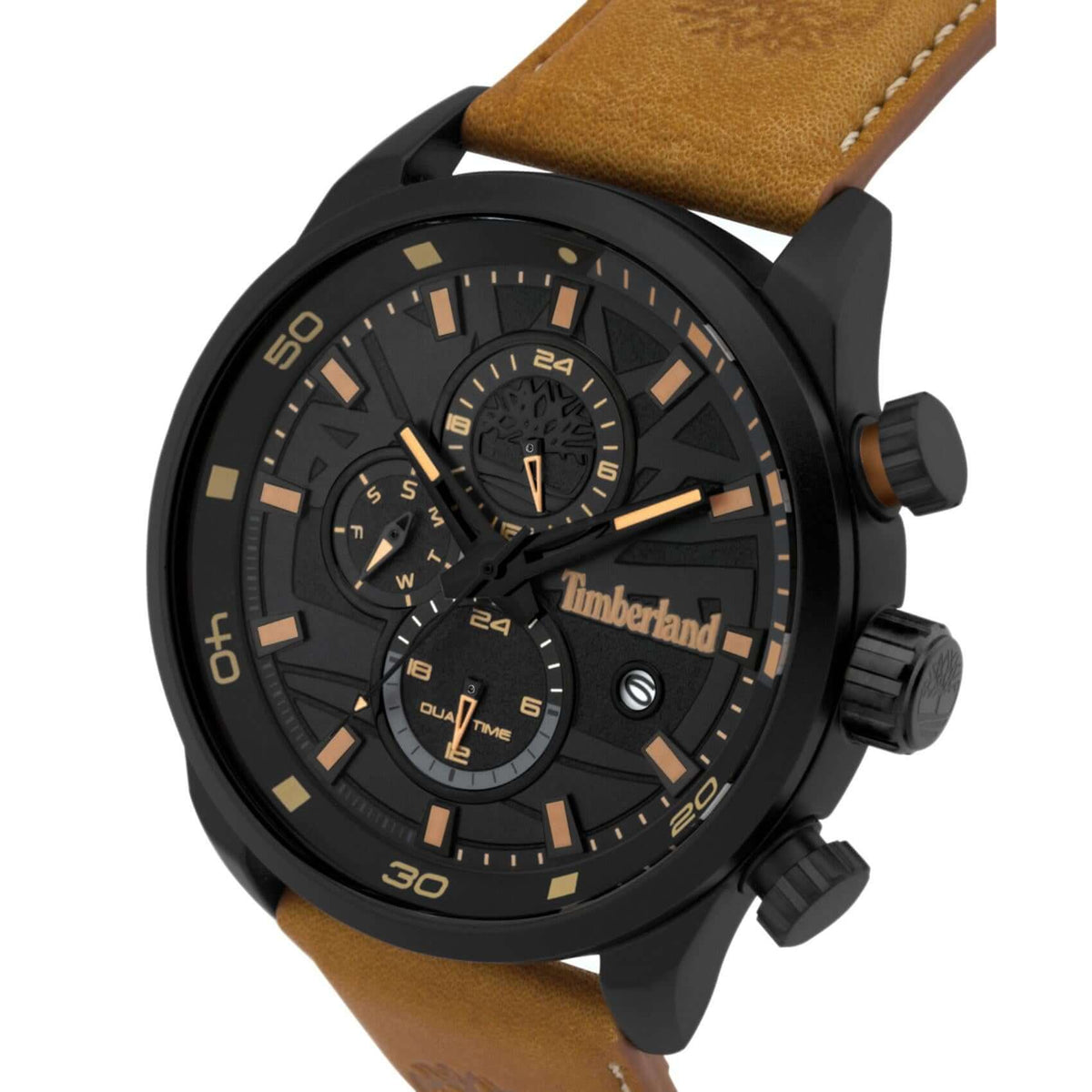 Κοντινό στο μαύρο καντράν του Timberland Henniker II TBL14816JLB02 με ένδειξη ημέρας, ημερομηνίας και διπλής ώρας.