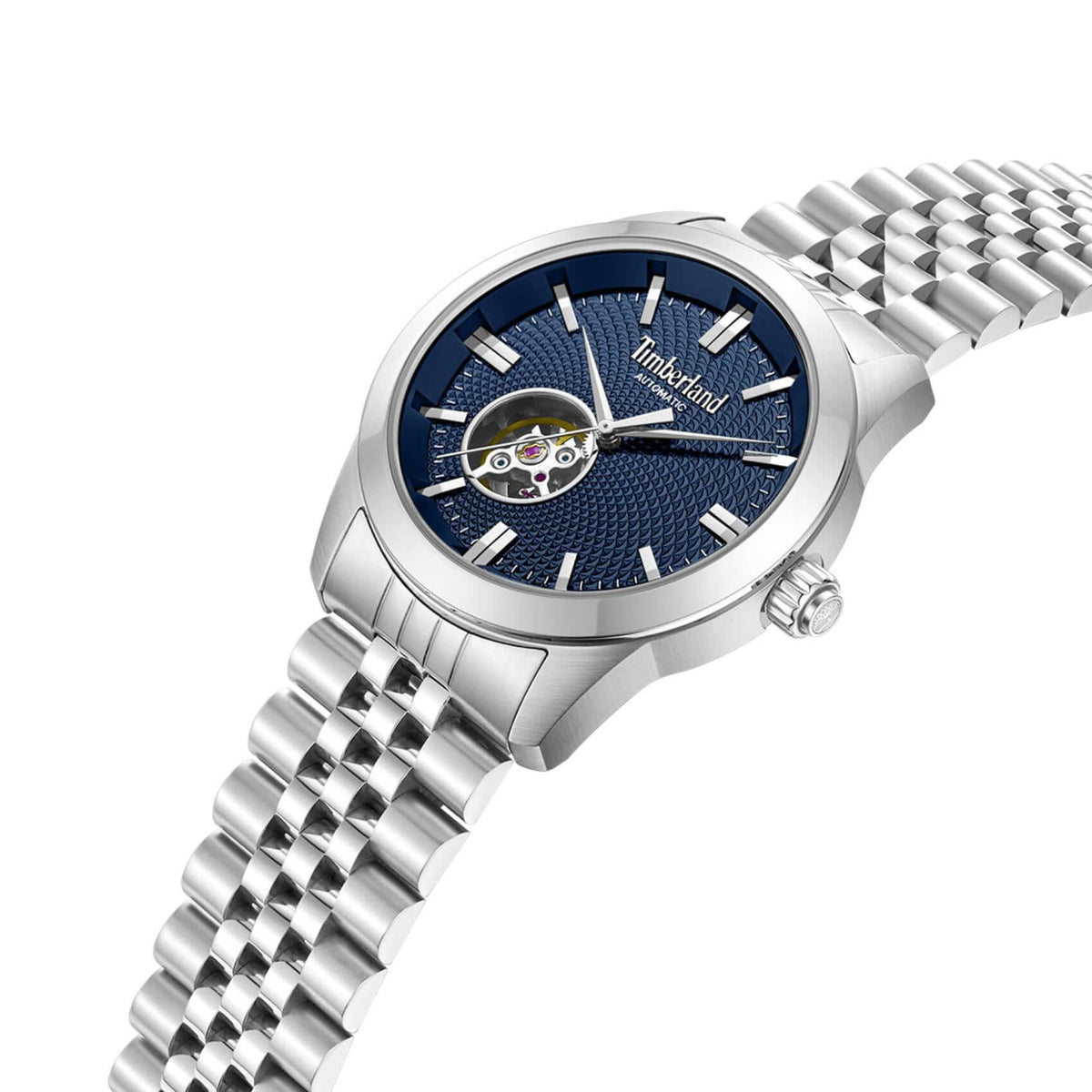 Πλάγια όψη του Timberland Lodgepole TDWGY0094001 με ασημί ατσάλινο μπρασελέ και κάσα 41 mm.