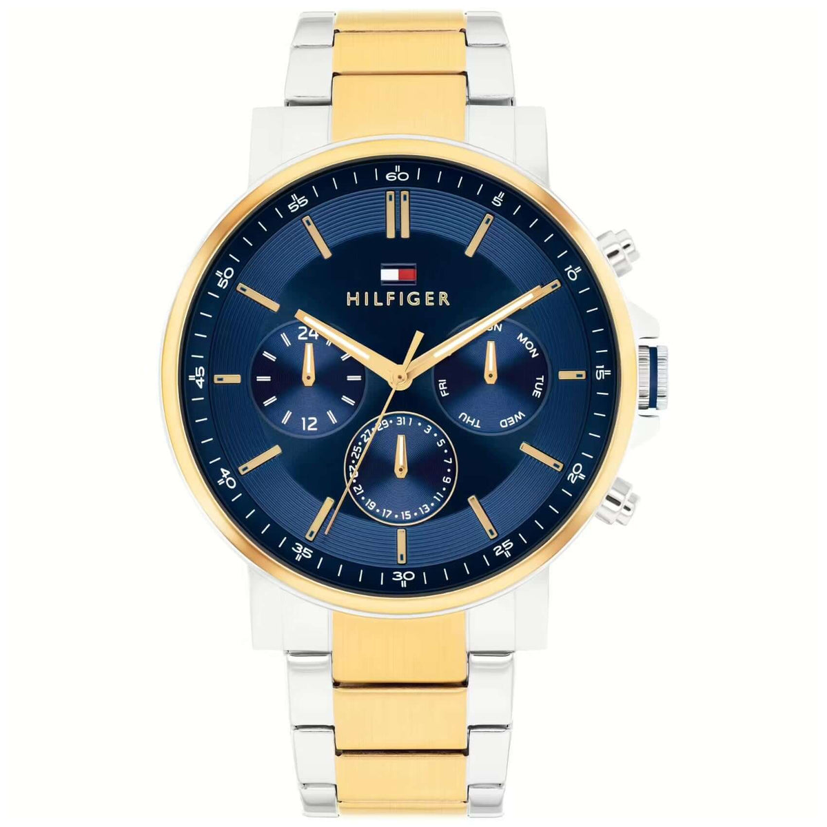 Ανδρικό ρολόι Tommy Hilfiger Tyson 1710710 με δίχρωμο ασημί-χρυσό ατσάλινο μπρασελέ και μπλε καντράν διαμέτρου 44mm.
