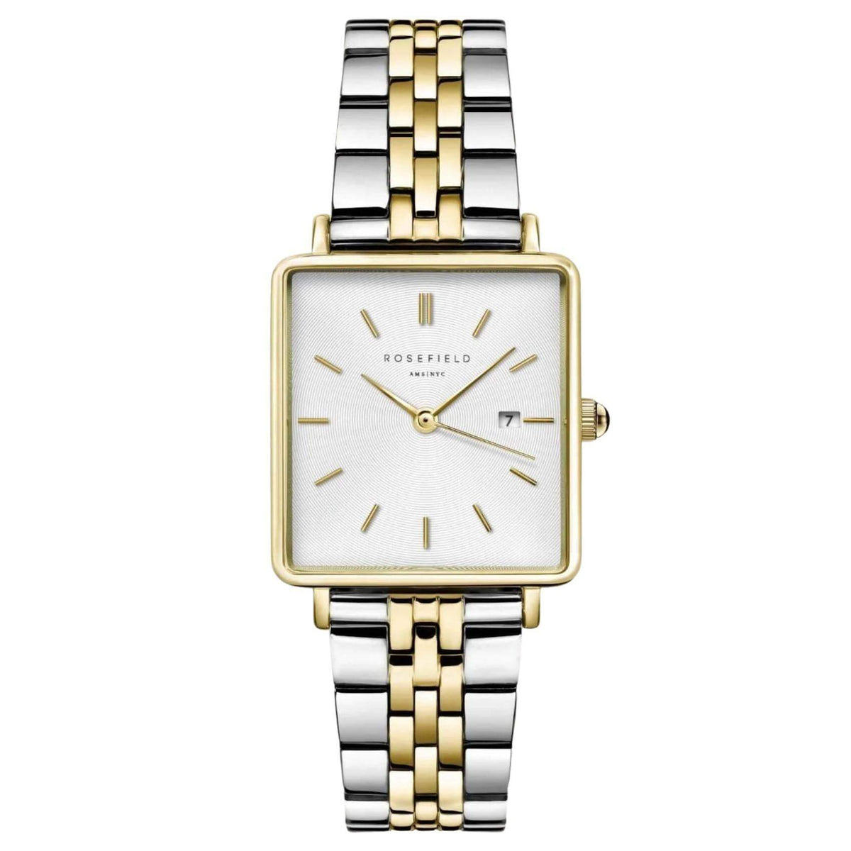 Γυναικείο ρολόι Rosefield Boxy White Sunray QVSGD-Q013 με δίχρωμο ασημί-χρυσό ατσάλινο μπρασελέ, καντράν σε άσπρο χρώμα και τετράγωνο σχήμα μεγέθους 26mmX28mm. 