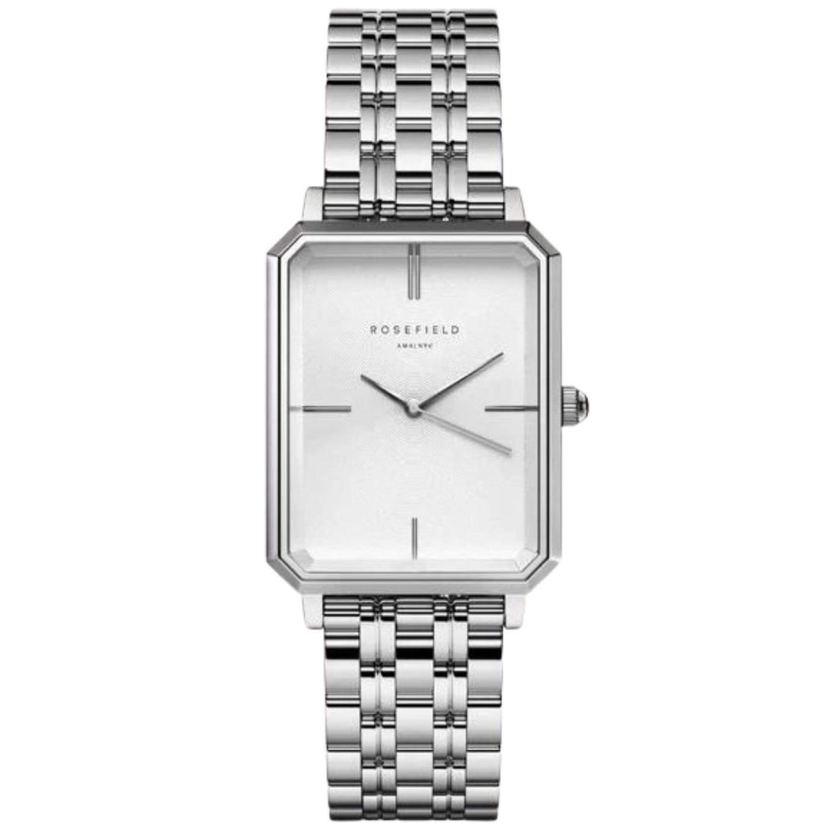 Γυναικείο ρολόι Rosefield Octagon White Sunray OCWSS-O41 με ασημί ατσάλινο μπρασελέ, καντράν σε ασημί χρώμα και οκτάγωνο σχήμα μεγέθους 23mmX29mm.