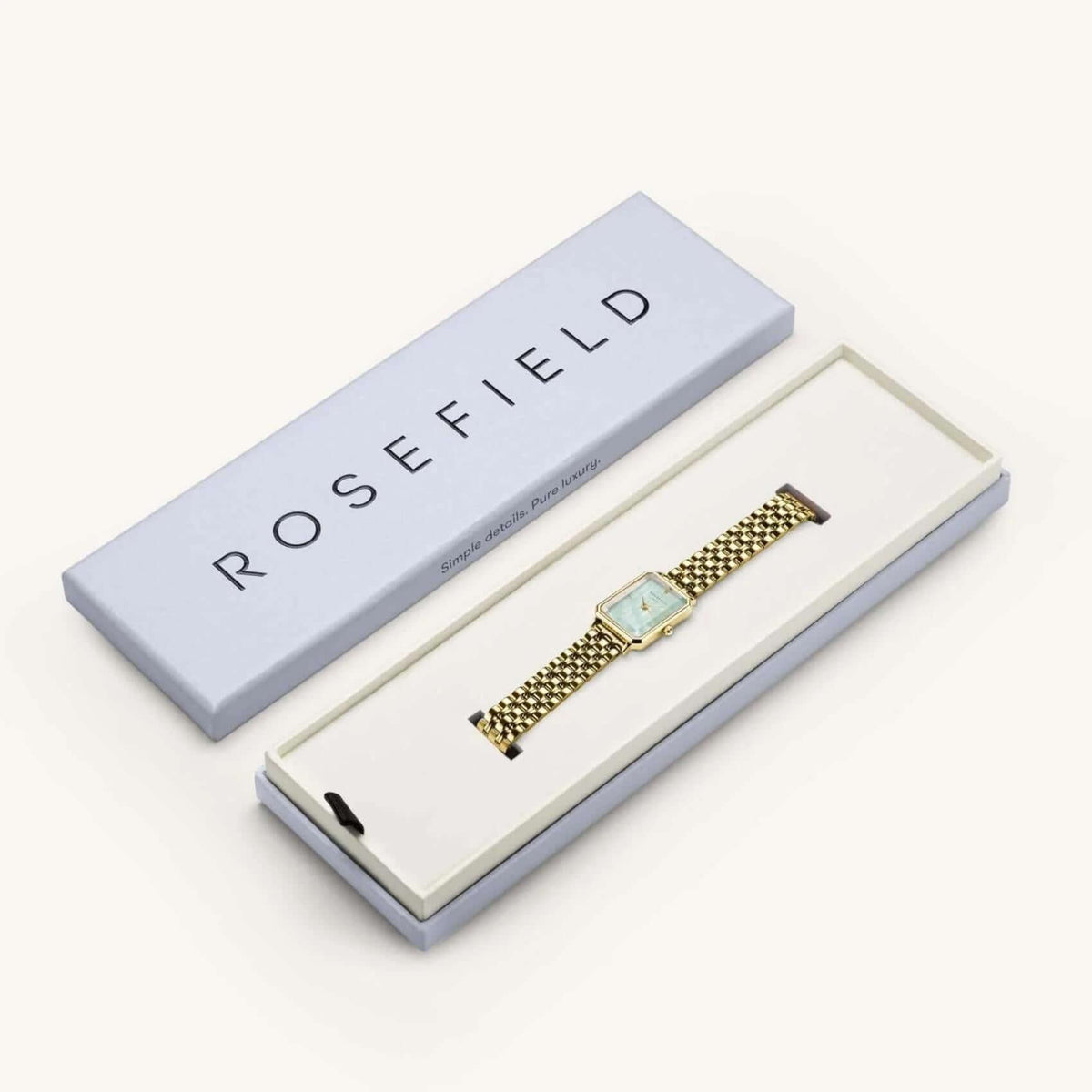 Ρολόι Rosefield Octagon XS OGGSG-O71 με χρυσό ατσάλινο μπρασελέ, πράσινο mint καντράν και οκτάγωνο σχήμα μεγέθους 19.5mmX24mm.
