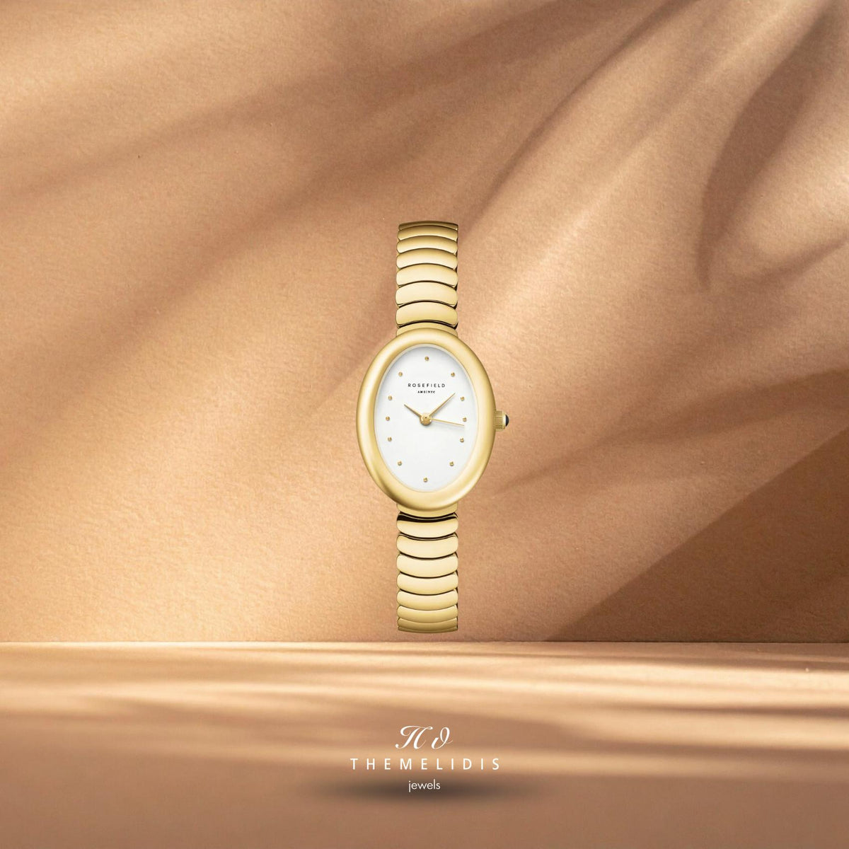 Γυναικείο ρολόι Rosefield Oval Gold OVWGSG-OV19 με λευκό καντράν φίλντισι 22mmx29mm, μηχανισμό Quartz και χρυσό μπρασελέ