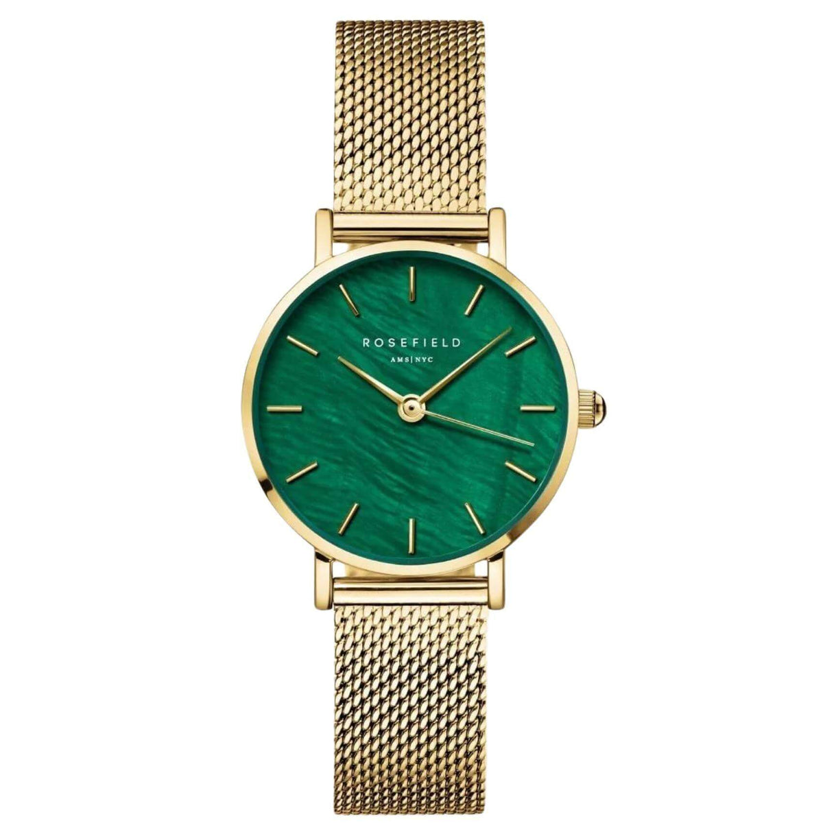 Γυναικείο ρολόι Rosefield Small Edit Emerald SEEGMG-SE72 με χρυσό ατσάλινο μπρασελέ και πράσινο καντράν διαμέτρου 26mm.