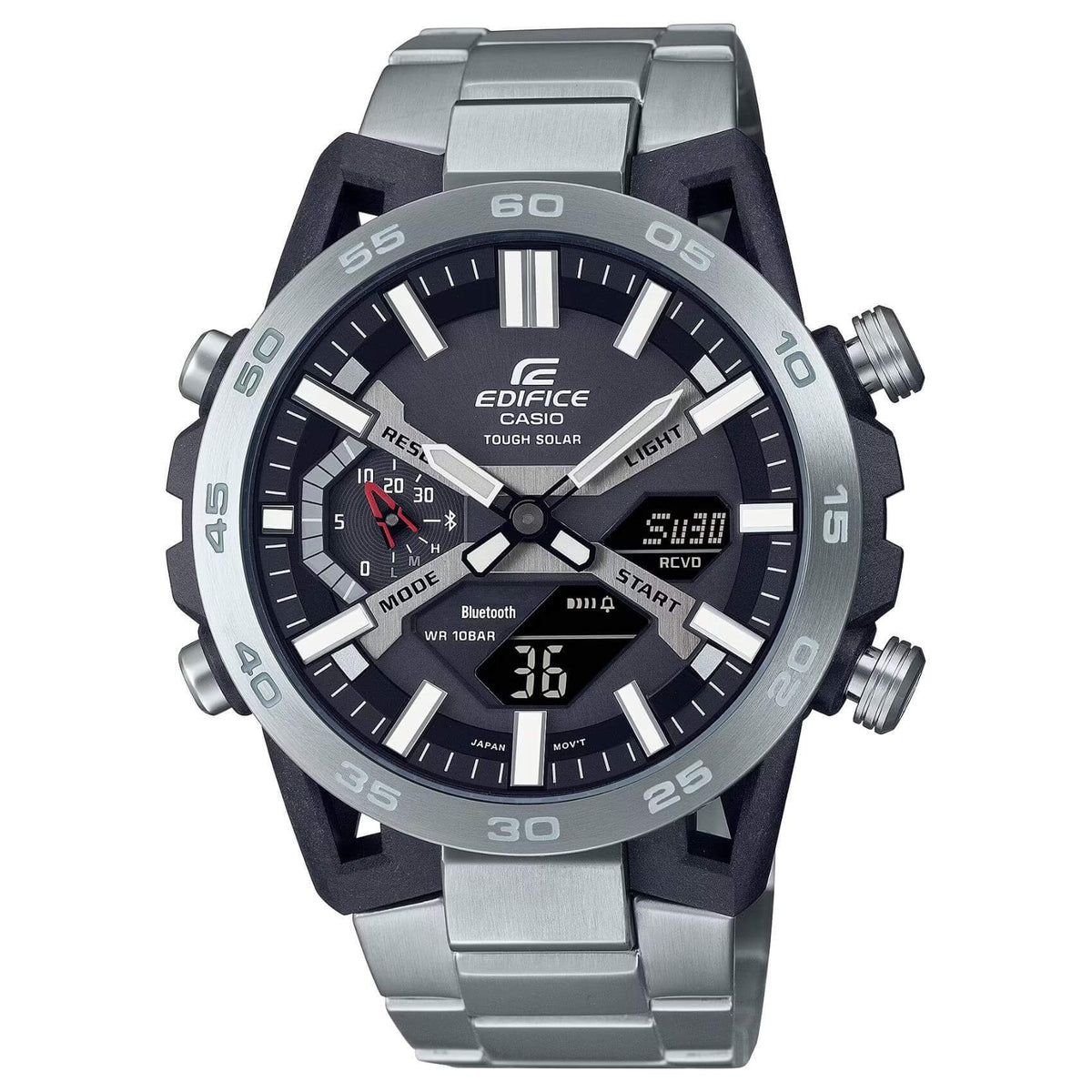 Ρολόι Solar Smart Casio Edifice Sospensione ECB-2000D-1AEF με ασημί ατσάλινο μπρασελέ και μαύρο καντράν διαμέτρου 47,8mm σε στρογγυλό σχημα.