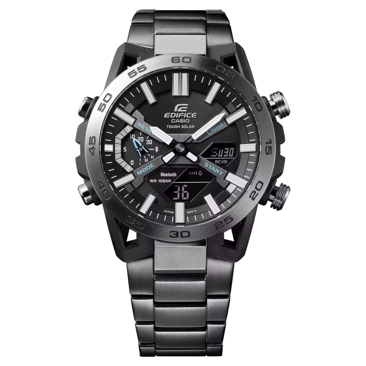 Ρολόι Solar Smart Casio Edifice Sospensione ECB-2000DC-1AEF με ανθρακί ατσάλινο μπρασελέ και μαύρο καντράν διαμέτρου 47,8mm σε στρογγυλό σχημα. 