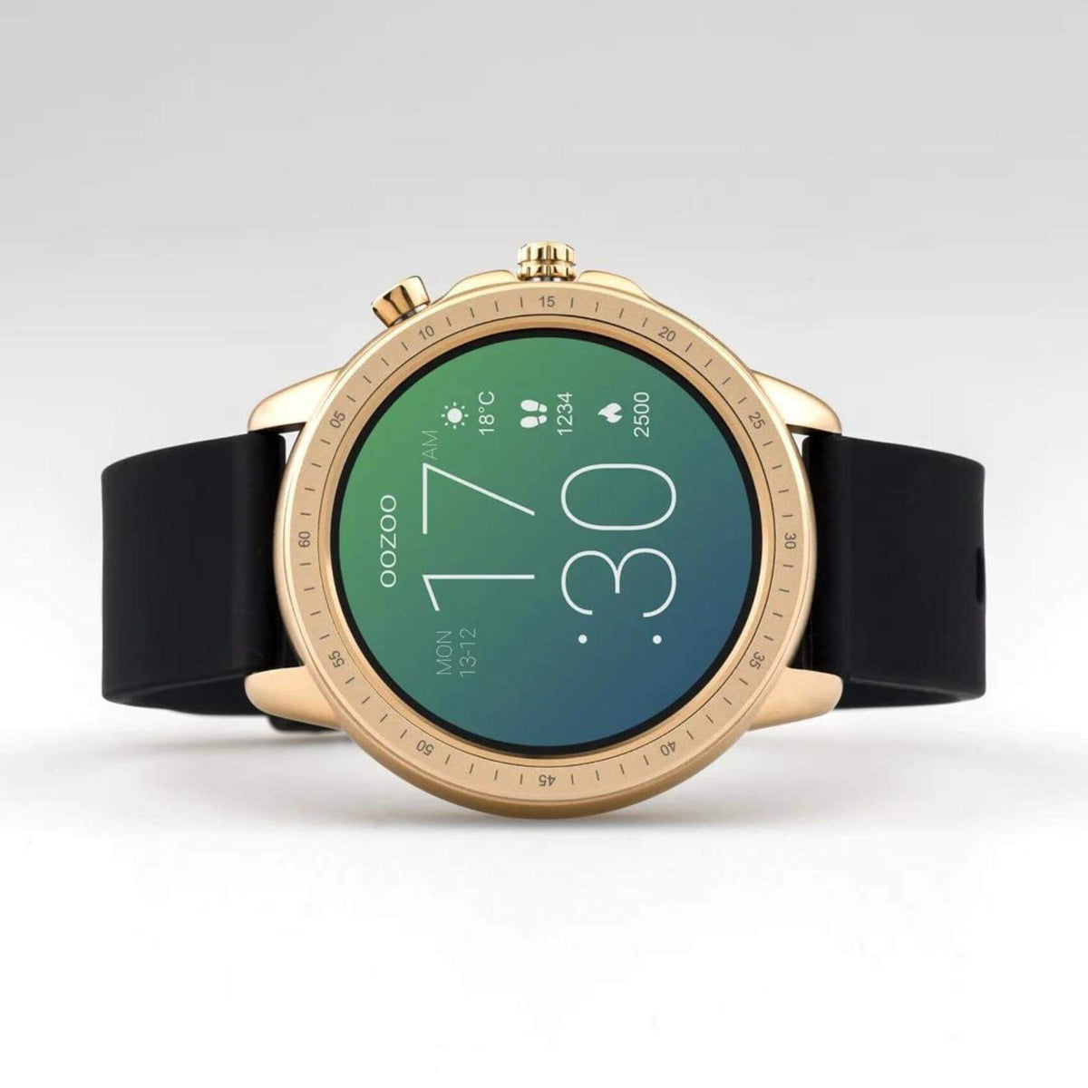 Smartwatch Oozoo Q00303 με μαύρο καουτσούκ λουράκι και ροζ χρυσή κάσα.
