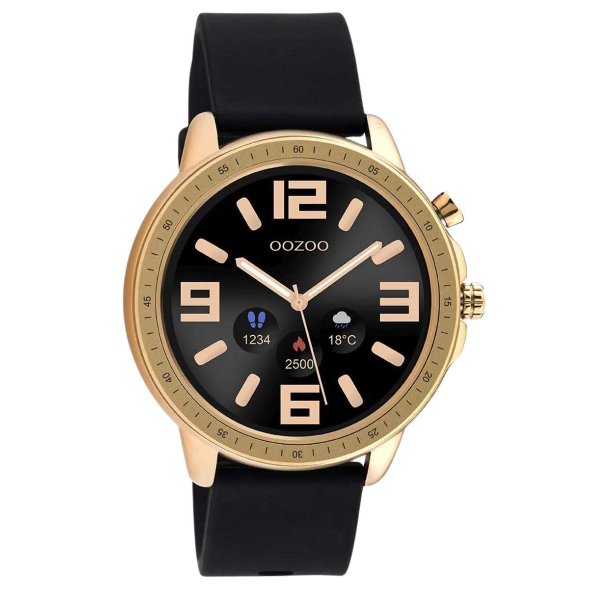 Smartwatch Oozoo Q00303 με μαύρο καουτσούκ λουράκι με ροζ χρυσή κάσα, οθόνη διάμετρου 45mm με λειτουργίες μέτρησης θερμιδών, βημάτων, καρδιακών παλμών και σύνδεση σε κινητό με bluetooth.