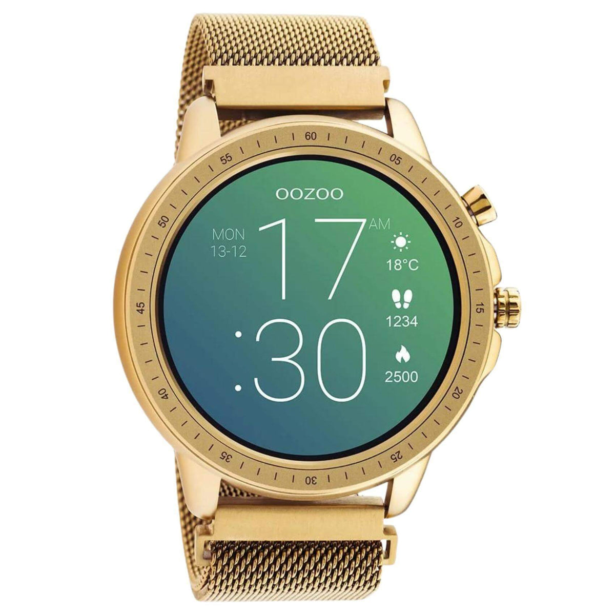 Smartwatch Oozoo Q00307 με ροζ χρυσό ατσάλινο μπρασελέ και ροζ χρυσή κάσα, οθόνη διάμετρου 45mm με λειτουργίες μέτρησης θερμιδών, βημάτων, καρδιακών παλμών και σύνδεση σε κινητό με bluetooth.