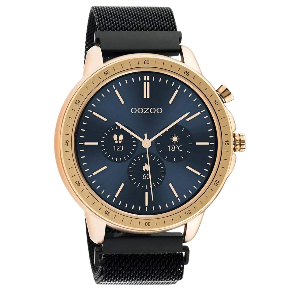 Smartwatch Oozoo Q00308 με μαύρο ατσάλινο μπρασελέ και ροζ χρυσή κάσα, οθόνη διάμετρου 45mm με λειτουργίες μέτρησης θερμιδών, βημάτων, καρδιακών παλμών και σύνδεση σε κινητό με bluetooth.