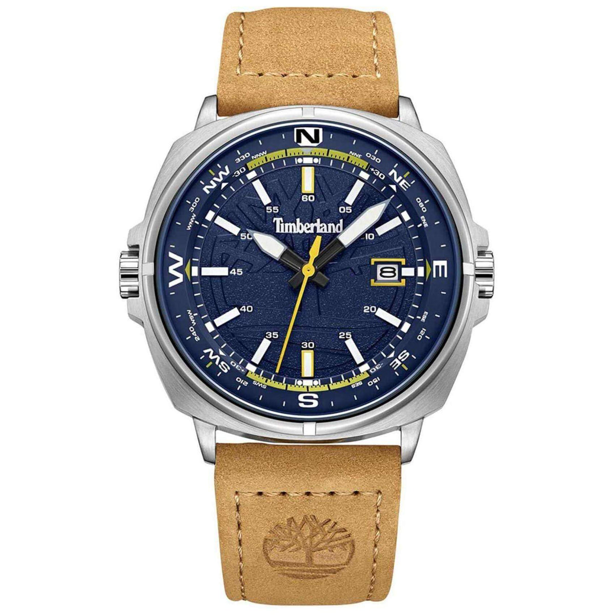 Αντρικό ρολόι Timberland Williston TDWGB2230803 με ταμπά δερμάτινο λουράκι και μπλε καντράν διαμέτρου 44mm με ημερομηνία.
