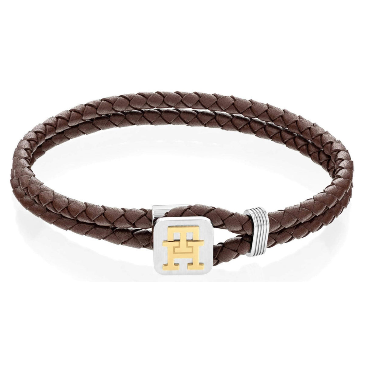 Ανδρικό βραχιόλι Tommy Hilfiger 2790532 από καφέ δέρμα με ασημένιο κούμπωμα και χρυσές λεπτομέρειες.