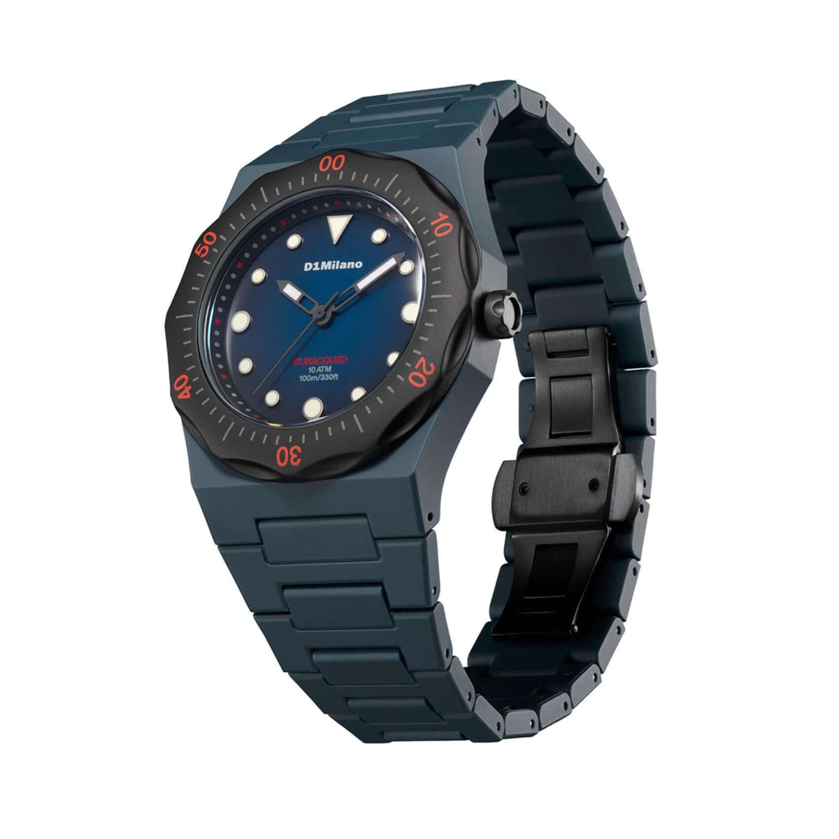 Πλάγια όψη του unisex ρολογιού D1 Milano Carbon Diver D1-PDBJ02 με μπλε πολυκαρμπονική κάσα και μπρασελέ.