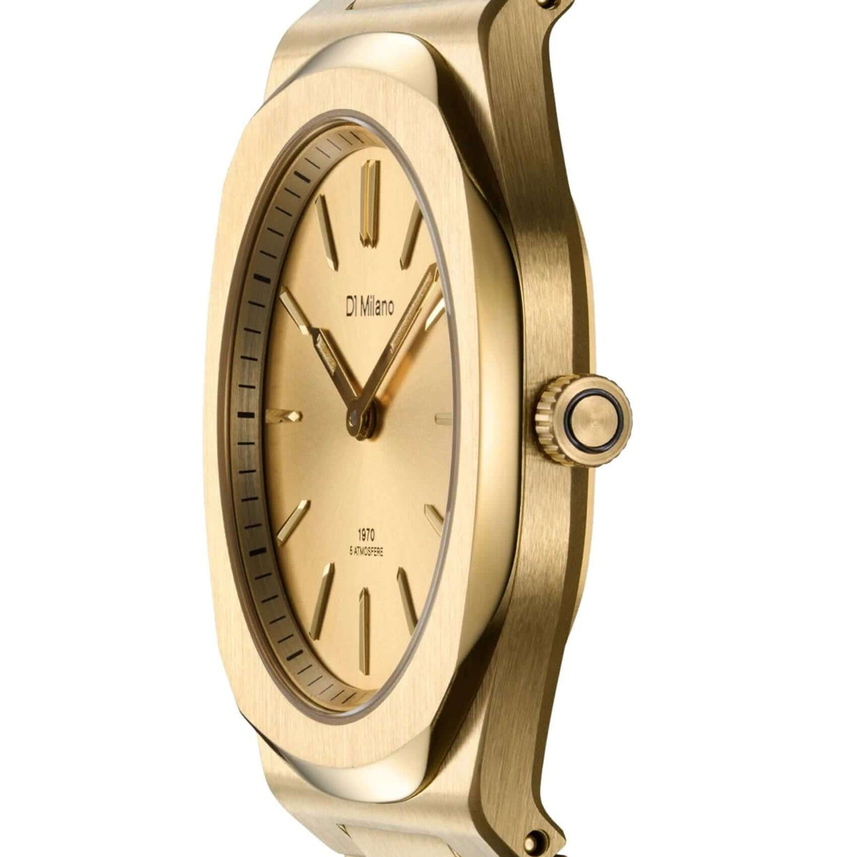 Πλάγια όψη του D1 Milano Gold Mellow D1-UHBL02 που αναδεικνύει τη λεπτή χρυσή κάσα Ultra Thin.